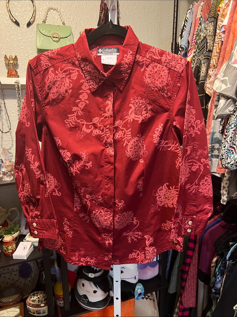 Columbia Women's Deep Red Floral-Print Button Down Shirt
